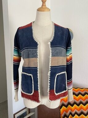 Vintage 1970s Collage Western Southwestern Leather Knit Rainbow Stripe Jacket